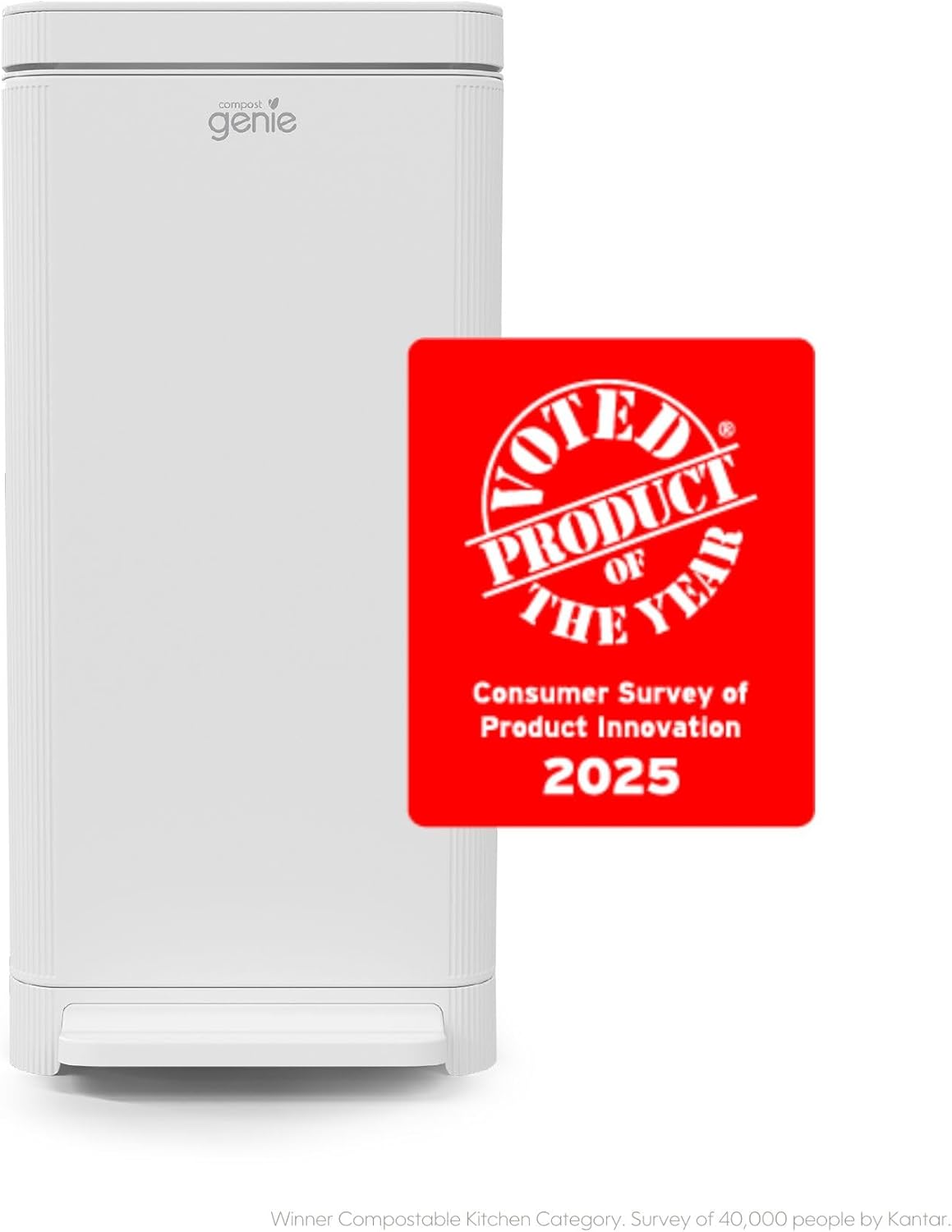 Compost Genie Kitchen Compost Bin, White Stainless-Steel Large, 3.6 Gallon, Indoor Odorless Composting, Hands-Free, Washable Parts, Includes 8 Tear-Off Compostable Bags and 4 Carbon Filters