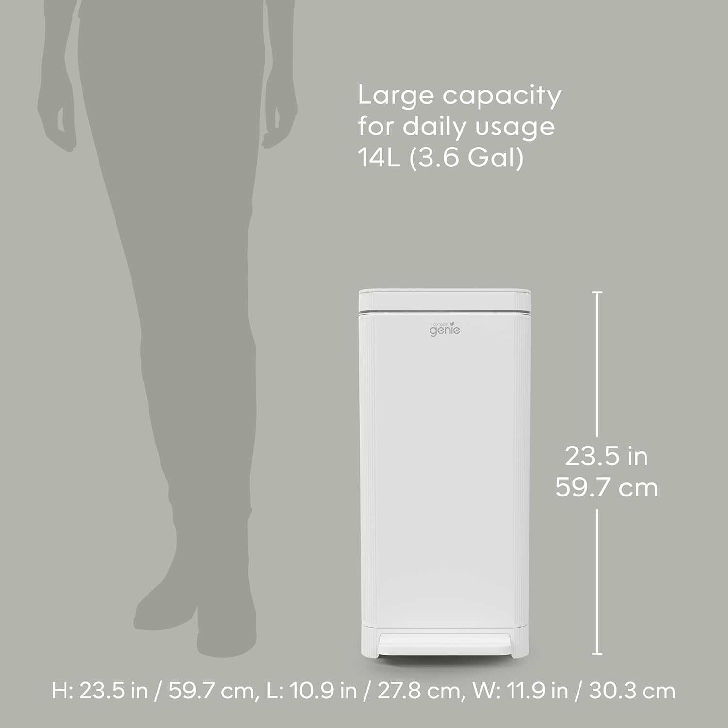 Compost Genie Kitchen Compost Bin, White Stainless-Steel Large, 3.6 Gallon, Indoor Odorless Composting, Hands-Free, Washable Parts, Includes 8 Tear-Off Compostable Bags and 4 Carbon Filters