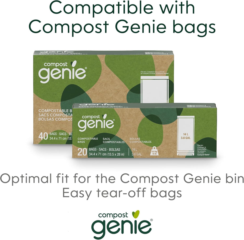Compost Genie Kitchen Compost Bin, White Stainless-Steel Large, 3.6 Gallon, Indoor Odorless Composting, Hands-Free, Washable Parts, Includes 8 Tear-Off Compostable Bags and 4 Carbon Filters