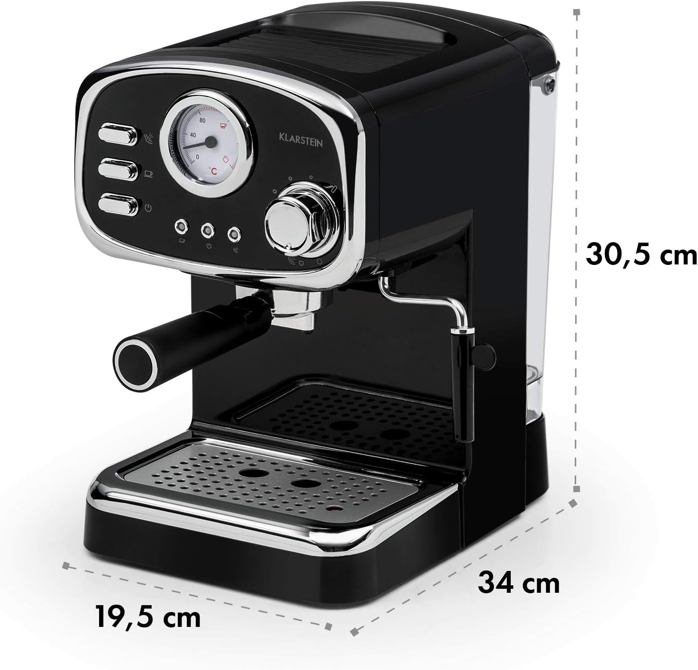 Klarstein Espressionata Gusto Espresso Machine with 1100 W, Pressure 15 Bar, Water Tank Capacity: 1 Litre, Removable Stainless Steel Drip Rack
