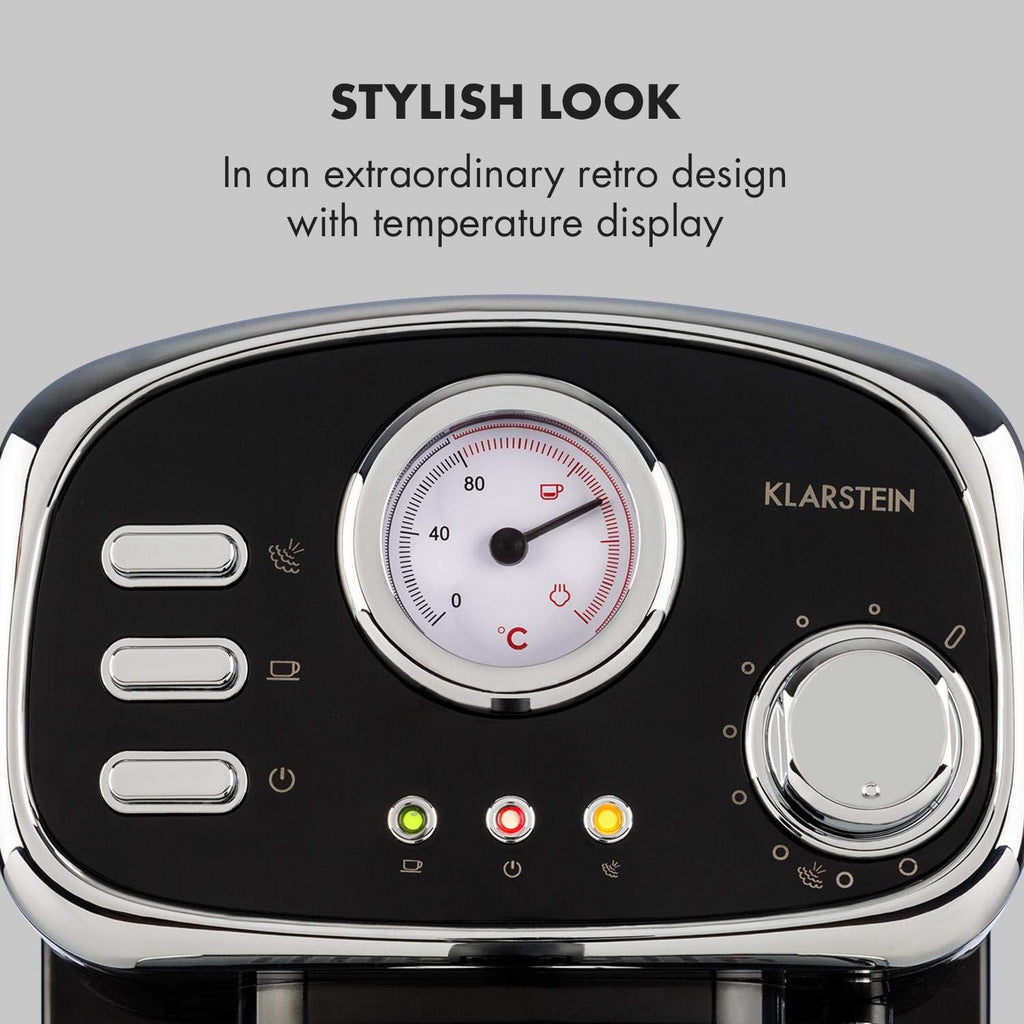 Klarstein Espressionata Gusto Espresso Machine with 1100 W, Pressure 15 Bar, Water Tank Capacity: 1 Litre, Removable Stainless Steel Drip Rack