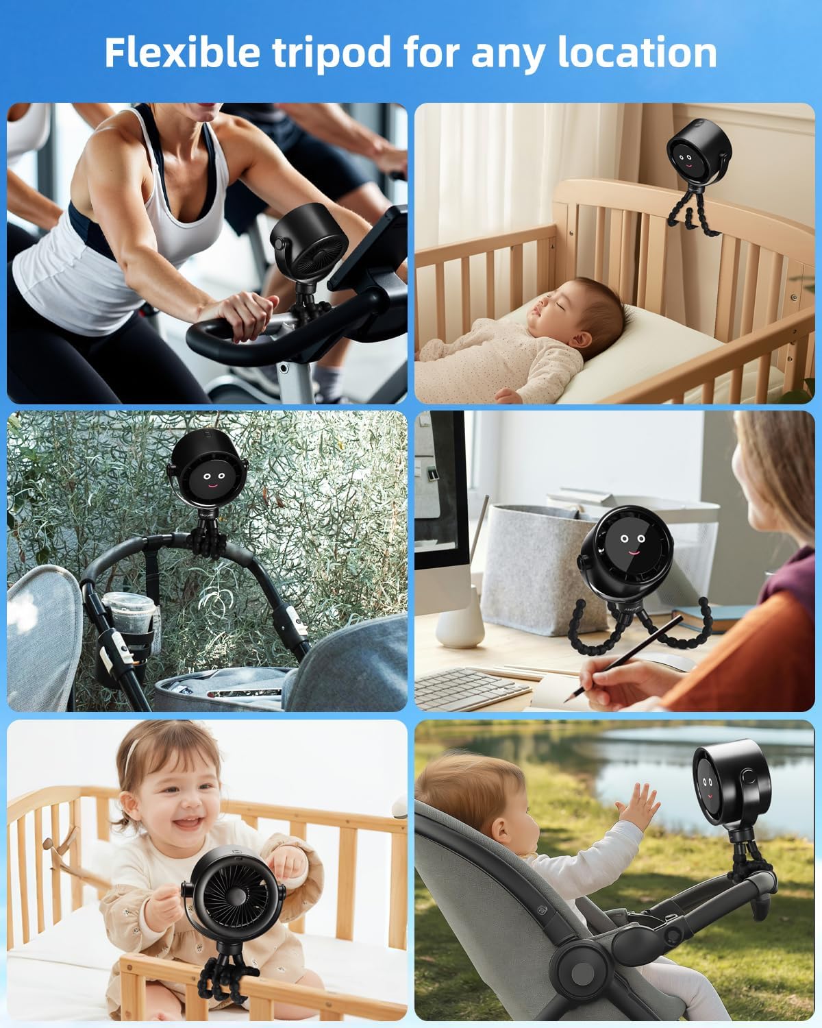 Akejrym Stroller Fan Rechargeable 360° Rotate Flexible Tripod Fan