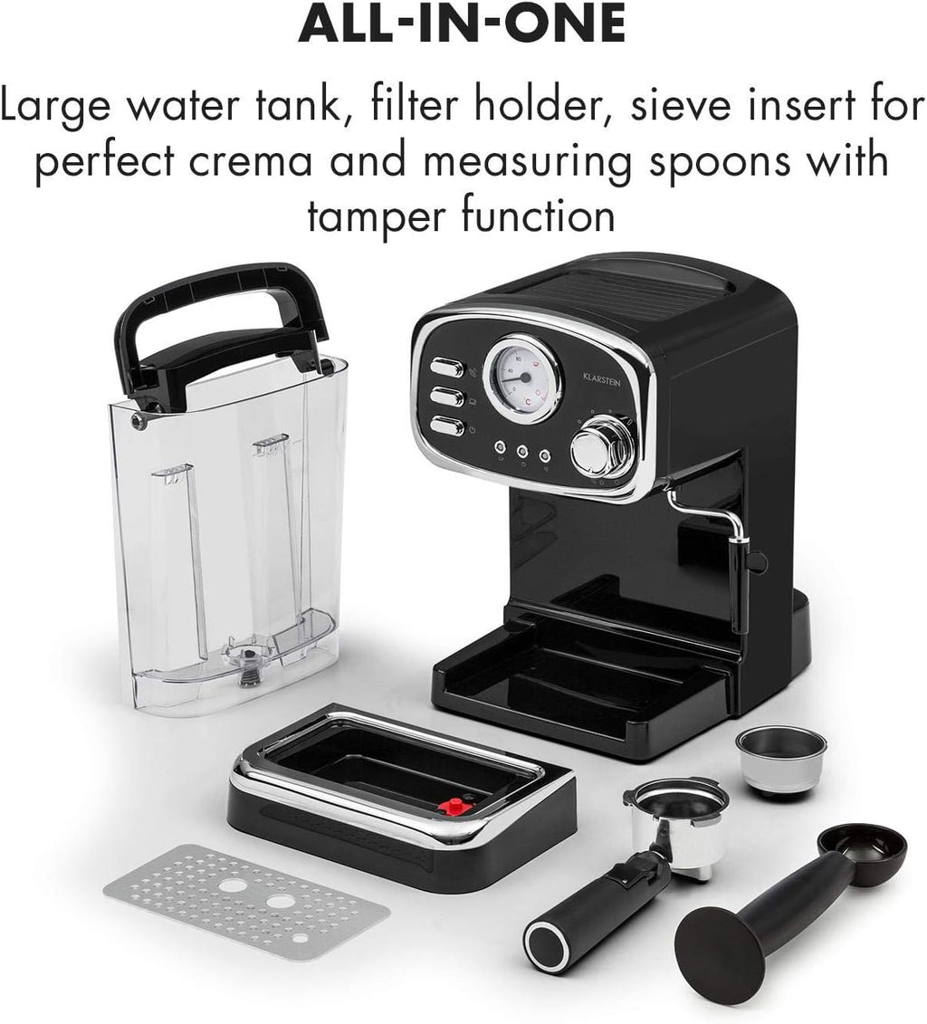 Klarstein Espressionata Gusto Espresso Machine with 1100 W, Pressure 15 Bar, Water Tank Capacity: 1 Litre, Removable Stainless Steel Drip Rack