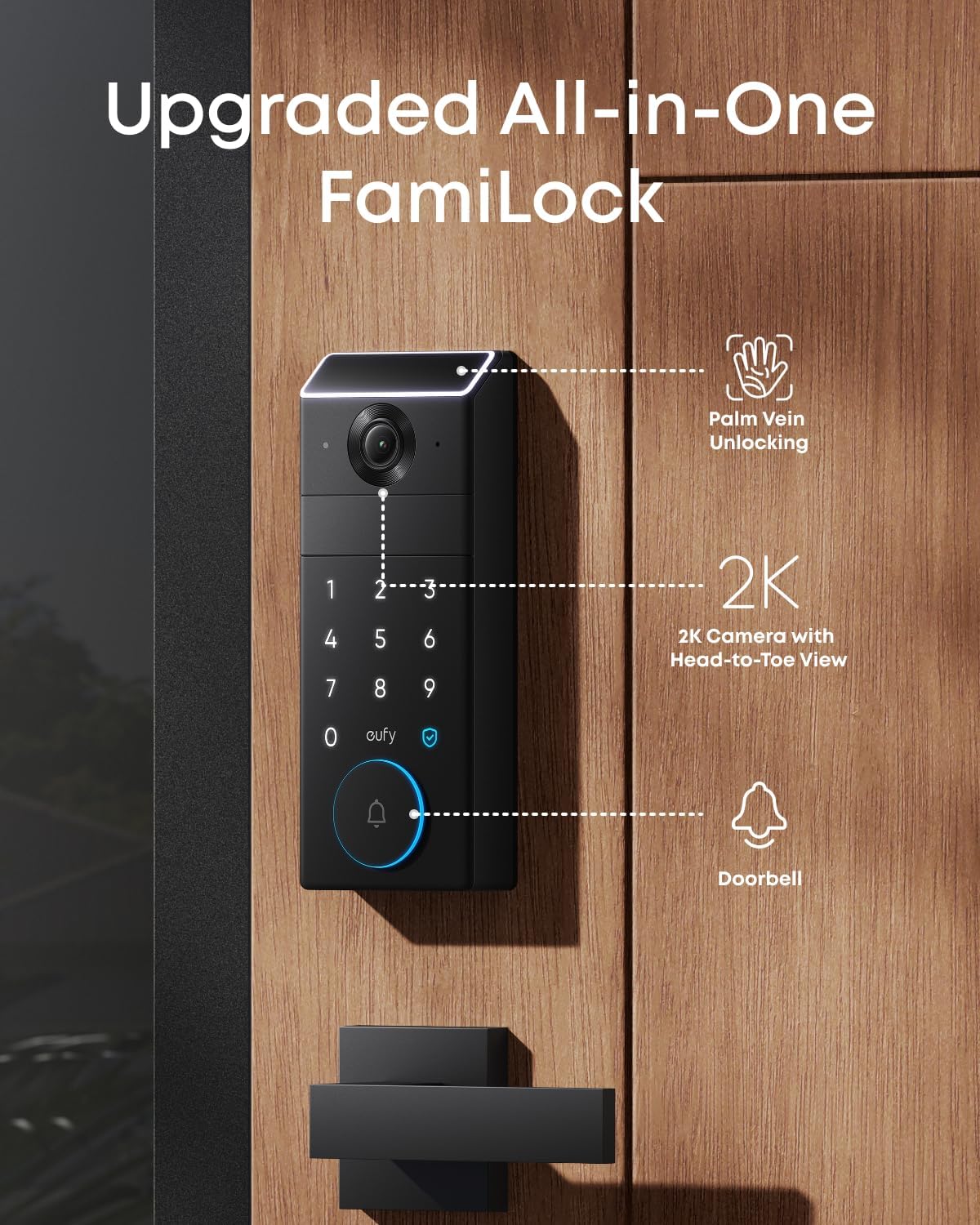 Eufy Security Smart Lock FamiLock S3 Max with Palm Vein Recognition, Keyless Entry Front Door Lock, Wi-Fi Keypad Deadbolt+ 2K HDR Doorbell Camera, 16GB Built‑in Storage, BHMA 1, Rear Lock Video Screen