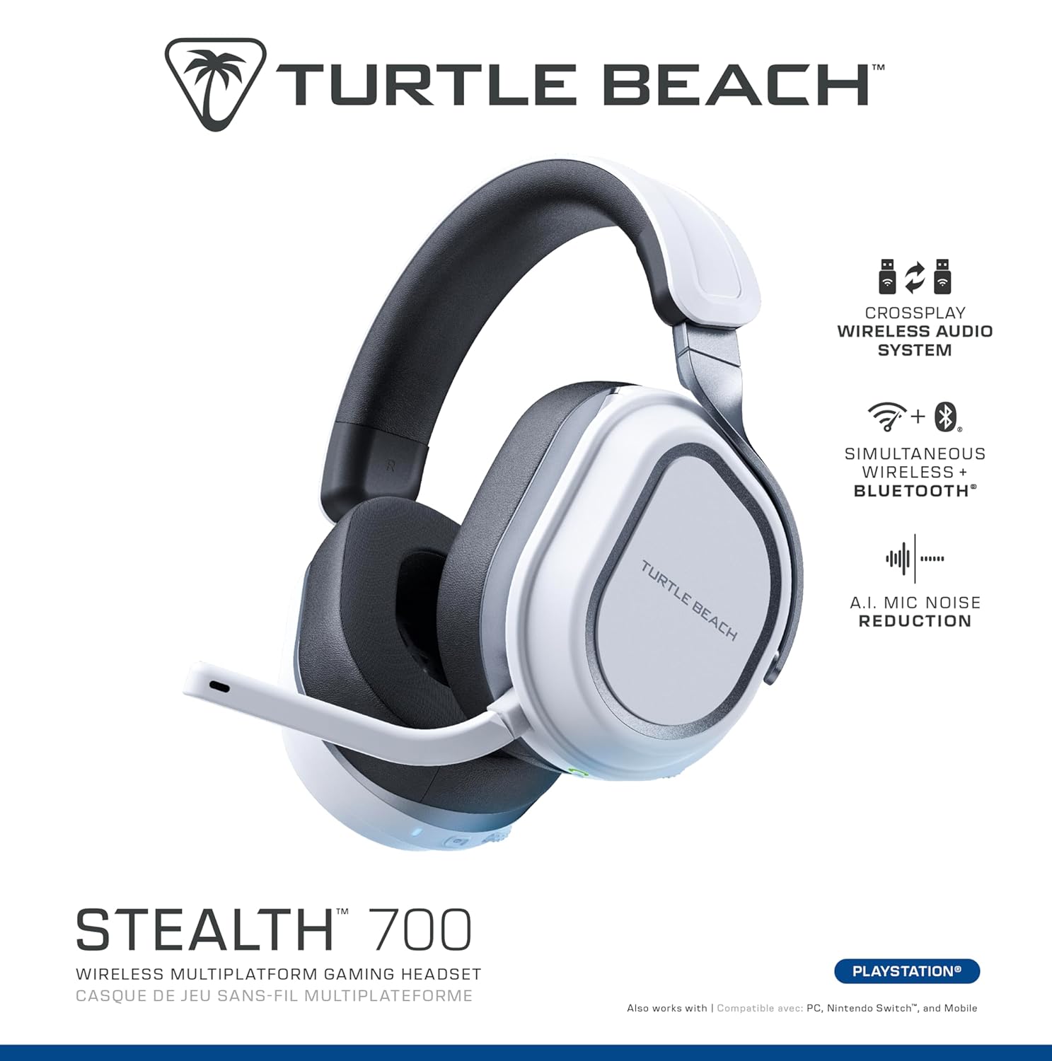 Turtle Beach Stealth 700 Wireless Multiplatform Amplified Gaming Headset for PC, PS5, PS4, – Bluetooth, 80-Hr Battery, Noise-Cancelling Mic – White