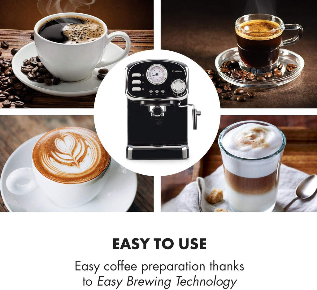 Klarstein Espressionata Gusto Espresso Machine with 1100 W, Pressure 15 Bar, Water Tank Capacity: 1 Litre, Removable Stainless Steel Drip Rack