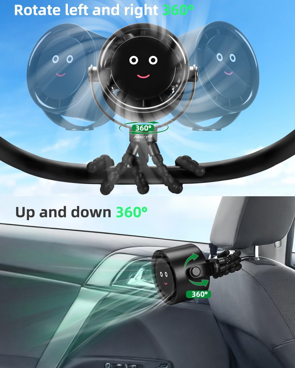 Akejrym Stroller Fan Rechargeable 360° Rotate Flexible Tripod Fan
