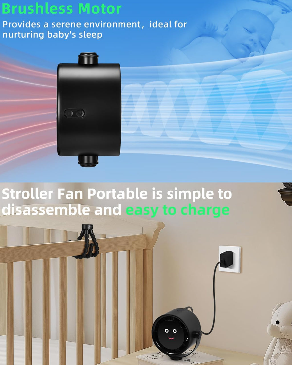Akejrym Stroller Fan Rechargeable 360° Rotate Flexible Tripod Fan
