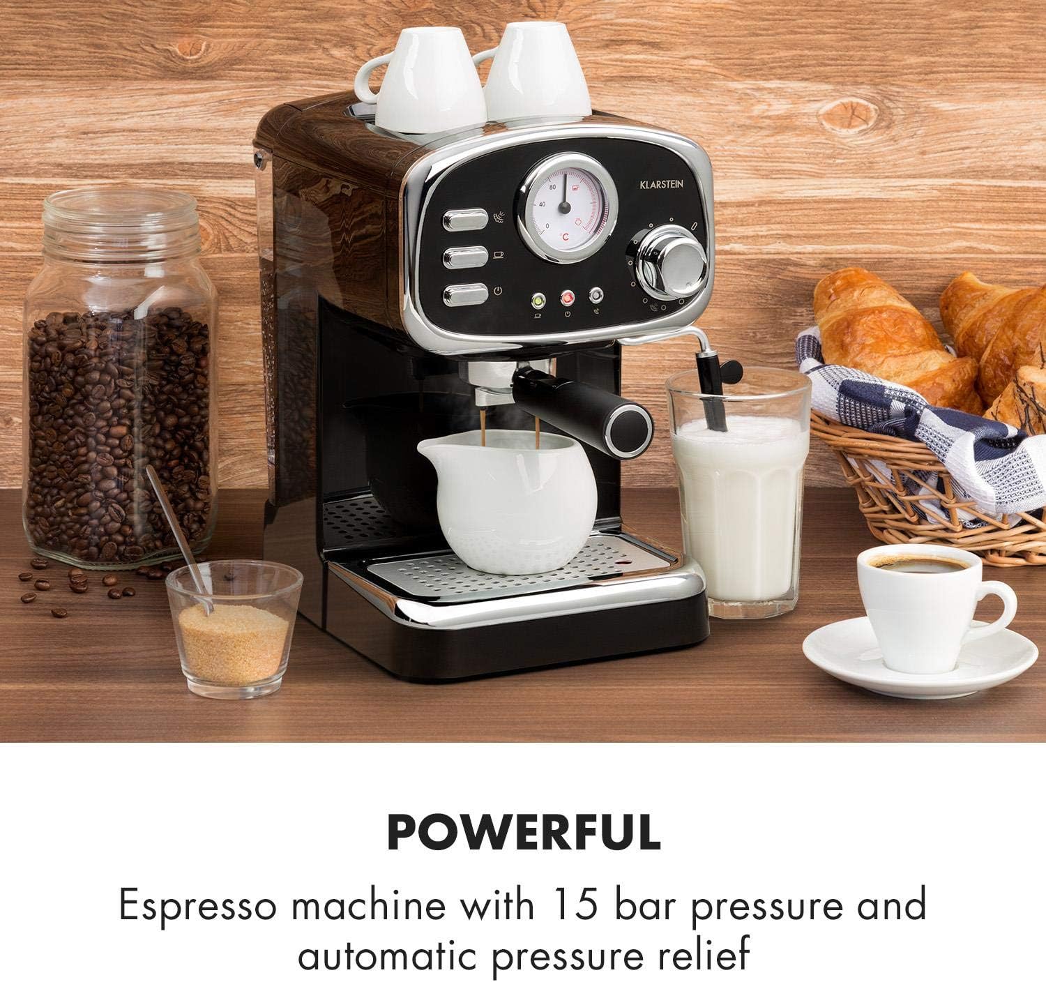 Klarstein Espressionata Gusto Espresso Machine with 1100 W, Pressure 15 Bar, Water Tank Capacity: 1 Litre, Removable Stainless Steel Drip Rack