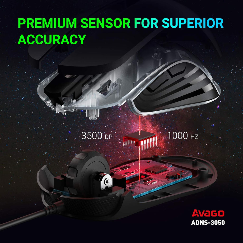 ABKONCORE Gaming Mouse Astra M30, Wired, USB Optical Computer Mice with 8 Programmable Buttons, Chroma RGB Backlit, 3500 DPI Adjustable, Comfortable Grip Both Handed Mice for Laptop, PC, Mac, Window