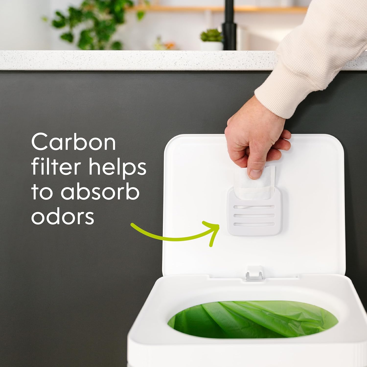 Compost Genie Kitchen Compost Bin, White Stainless-Steel Large, 3.6 Gallon, Indoor Odorless Composting, Hands-Free, Washable Parts, Includes 8 Tear-Off Compostable Bags and 4 Carbon Filters