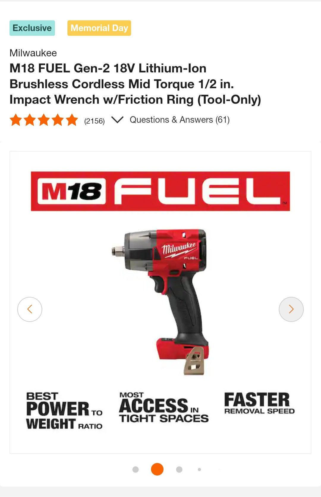 M18 FUEL Gen-2 18V Lithium-Ion Brushless Cordless Mid Torque 1/2 in. Impact Wrench w/Friction Ring (Tool-Only)