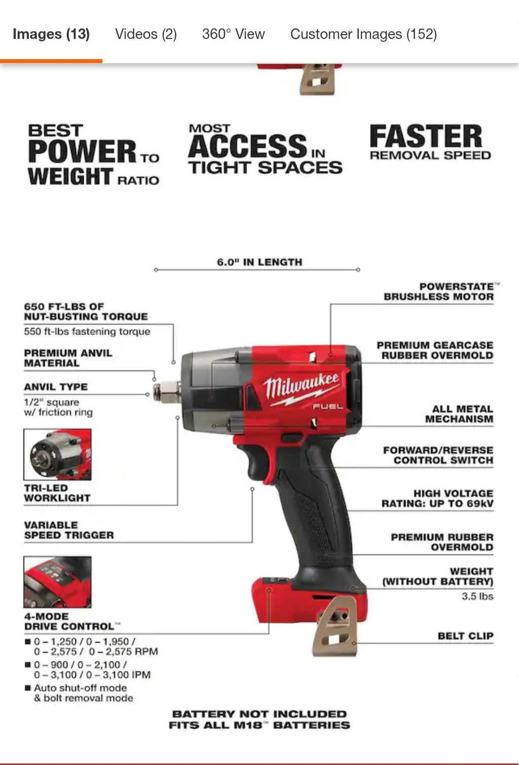 M18 FUEL Gen-2 18V Lithium-Ion Brushless Cordless Mid Torque 1/2 in. Impact Wrench w/Friction Ring (Tool-Only)