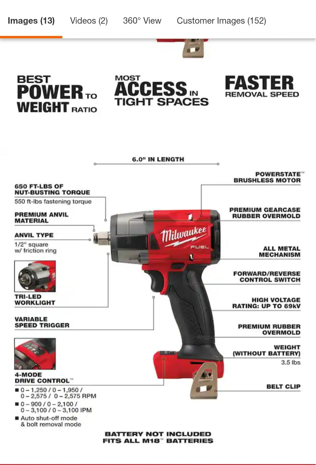 M18 FUEL Gen-2 18V Lithium-Ion Brushless Cordless Mid Torque 1/2 in. Impact Wrench w/Friction Ring (Tool-Only)