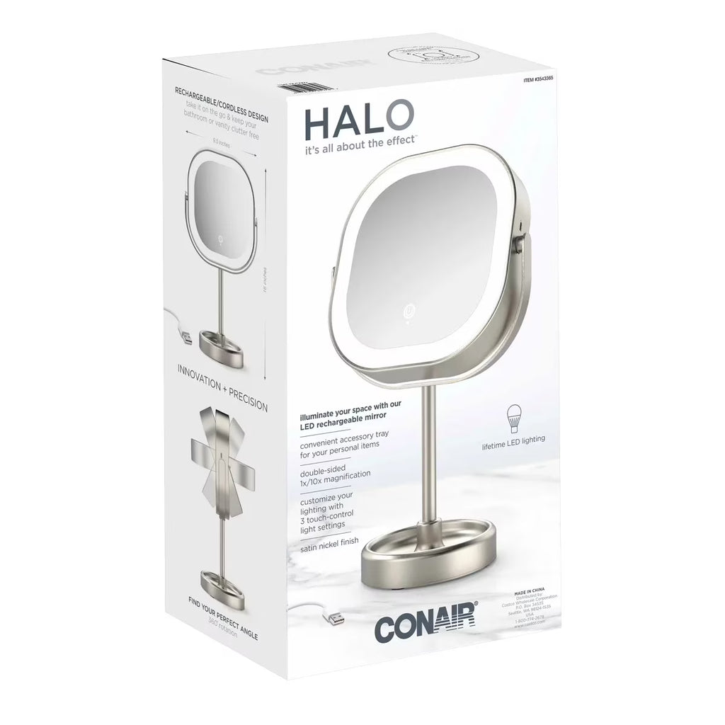 Conair Halo LED Double Sided 1x/10x Vanity Mirror 360° Rotation USB Rechargeable