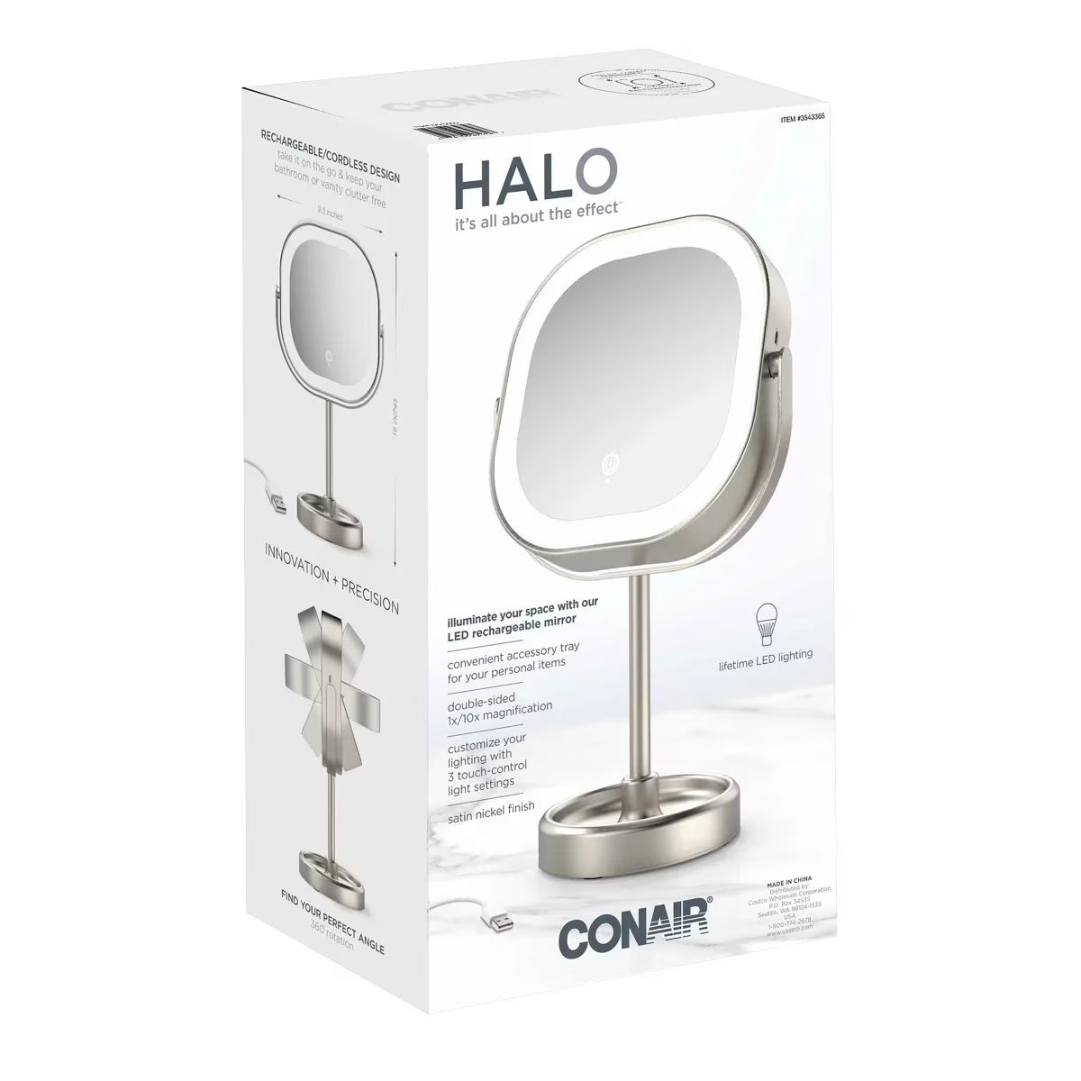 Conair Halo LED Double Sided 1x/10x Vanity Mirror 360° Rotation USB Rechargeable