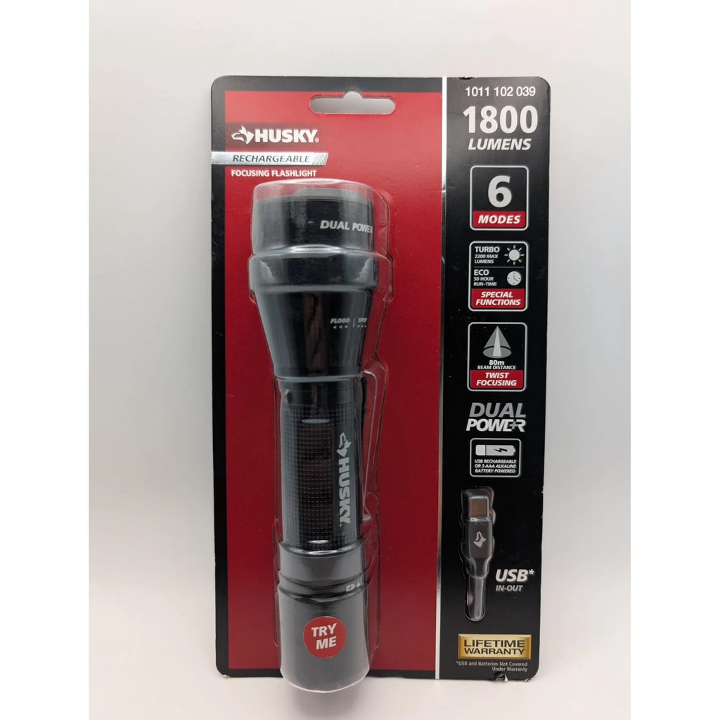 Husky 1800 Lumens Dual Power LED Rechargeable Tactical Focusing Flashlight