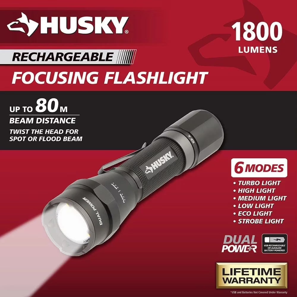 Husky 1800 Lumens Dual Power LED Rechargeable Tactical Focusing Flashlight