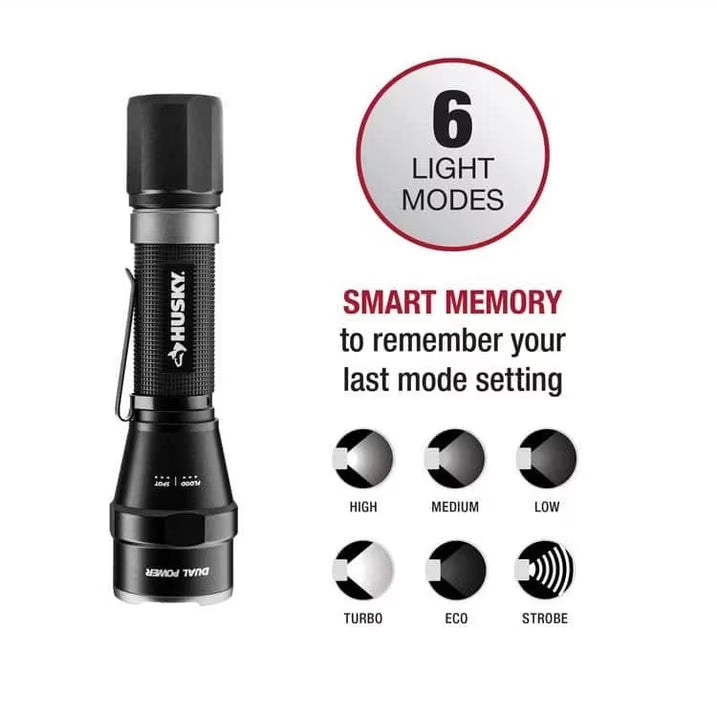 Husky 1800 Lumens Dual Power LED Rechargeable Tactical Focusing Flashlight