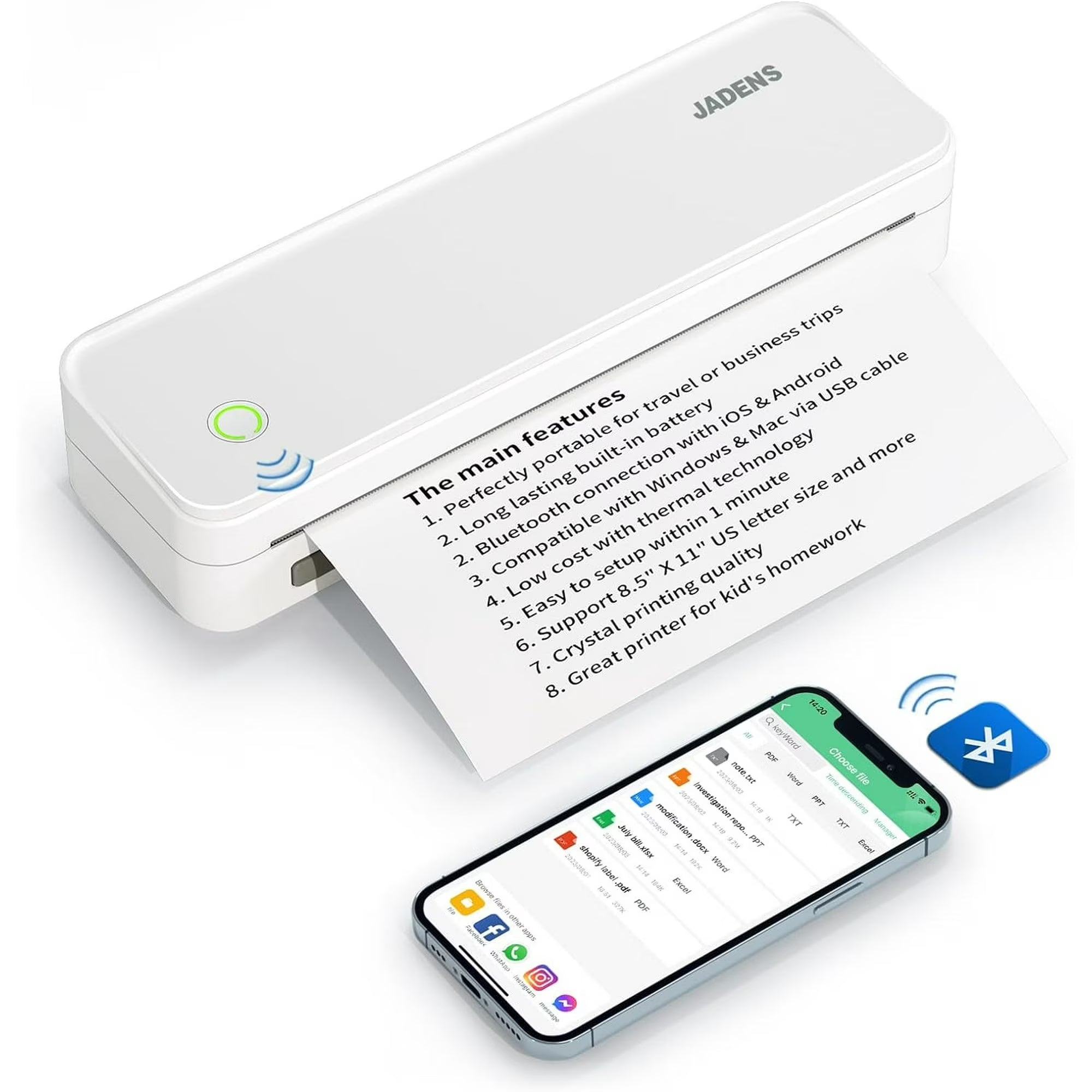 JADENS School Supplies Wireless Portable Printer for Travel, Bluetooth Thermal Printer, Compact Inkless Printer Compatible with Android, iOS and Laptop for Office Home