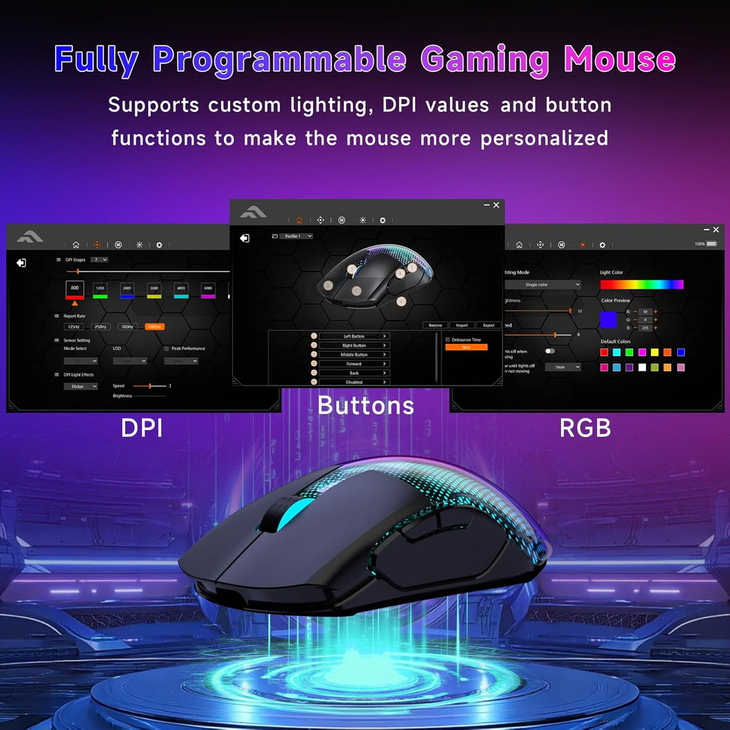 FFJ Master02 Wireless Gaming Mouse, 12000 DPI, Tri-Mode 2.4G/USB-C/Bluetooth 5.3 Gaming Mouse, Python Skin Texture RGB Backlit, 6 Programmable Buttons, 75Hr Battery Life for PC, Mac, PS5, XBOX - Black