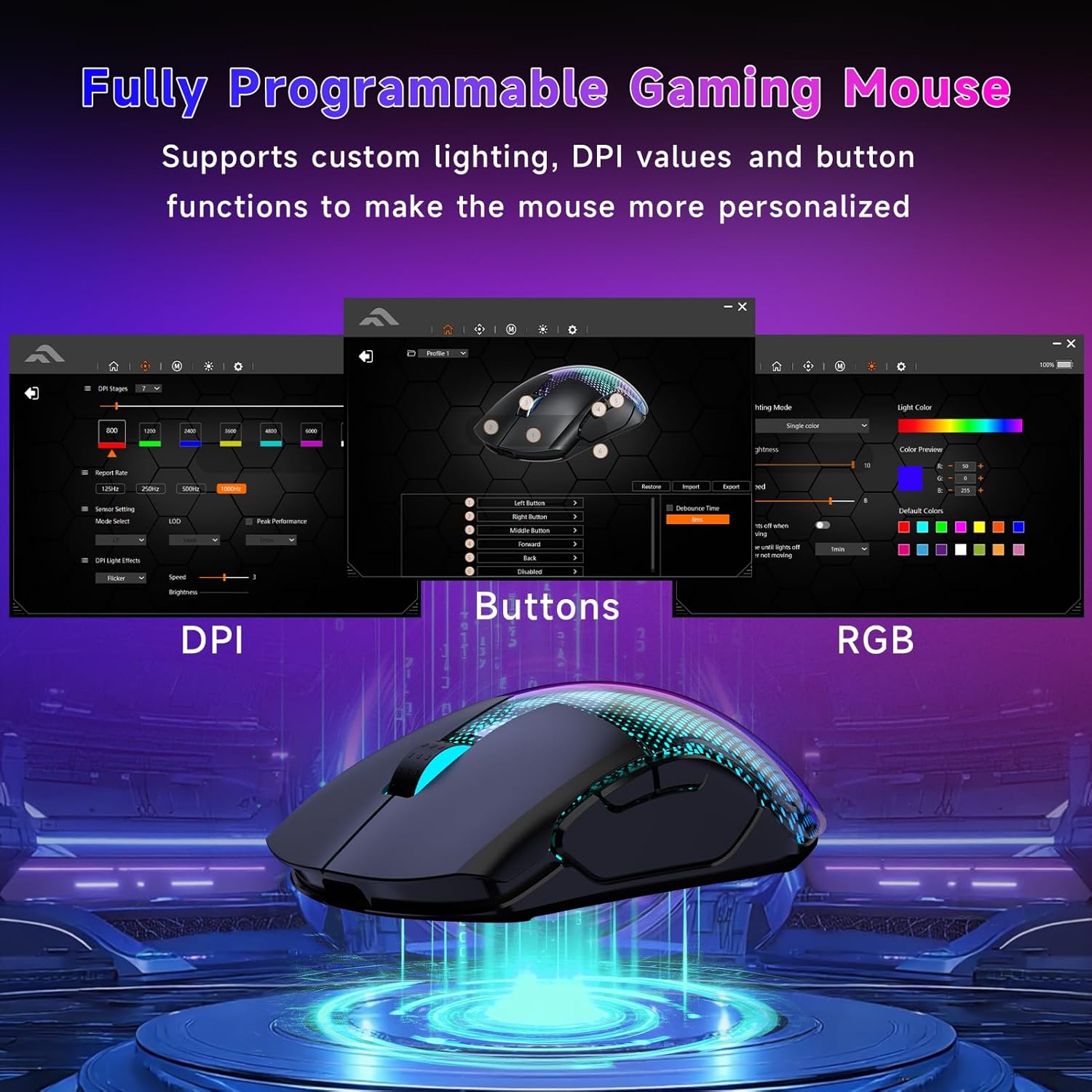 FFJ Master02 Wireless Gaming Mouse, 12000 DPI, Tri-Mode 2.4G/USB-C/Bluetooth 5.3 Gaming Mouse, Python Skin Texture RGB Backlit, 6 Programmable Buttons, 75Hr Battery Life for PC, Mac, PS5, XBOX - Black