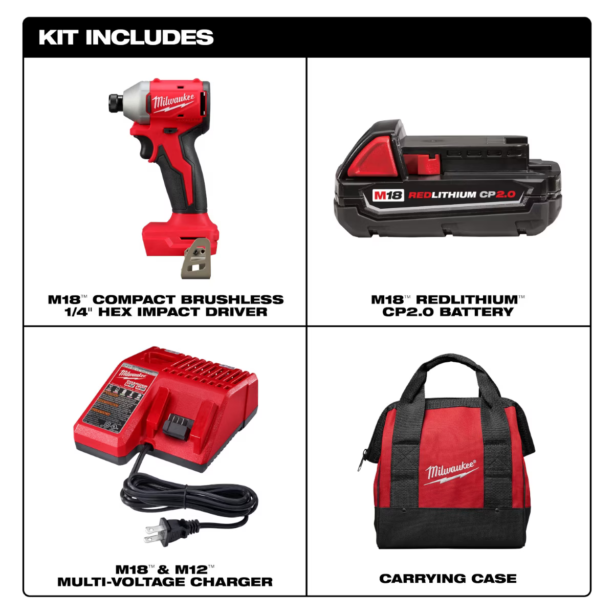 Milwaukee VIPRB-3650-21P, 18V Cordless 1/4" Impact Driver, 2.0Ah, 3600 RPM