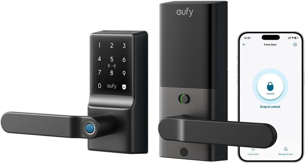 Eufy Security Smart Lock C33, Keypad Door Lock with Handle, Fingerprint Door Knob, Keyless Entry Door Lock for Front Door and Bedrooms, Electronic Deadbolt, Wi-Fi, App Control, IP53 Waterproof, Black